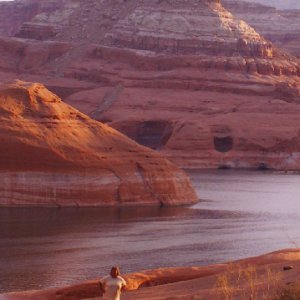 Patty Atop Navajo Sandstone at Rock Creek Canyon - View Back Toward River 9-19-08