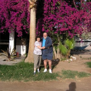 Lori and myself in front of Bouganvilla flowers, somewhere in Baja.