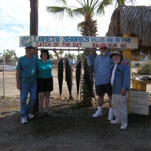Media 'Our group with our yellowtails. The bottomfish are on the cleaning table to the right of us.' in album 'The L-Dory in Chula Vista KOA'
