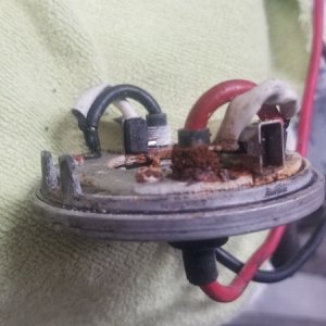 Media 'The end bell of a Lewmar V700 windlass showing corrosion of the motor brush springs' in album 'Plumbing bits to adapt standard faucet coil hose to my washdown receptacle.'