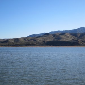 Roosevelt Lake RV\'s and camp trailers parked along the shore