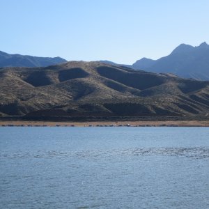 Roosevelt Lake RV\'s and camp trailers parked along the shore