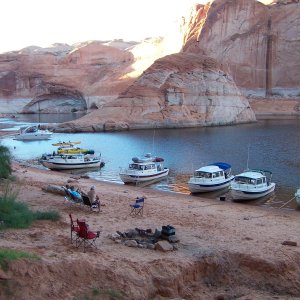 Media 'From the left in Forgotten Canyon Bosa Nova, C-Idaho, C-Cakes slipped into this opening after picture was taken, Constant Craving, C-Swell, Two Bears and Hunky Dory 9-27' in album 'Looking back up lake between Lake Canyon and Annies Canyon after leaving Halls Crossing on 9-23'