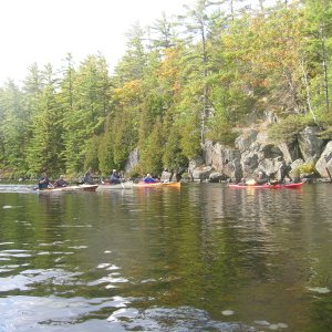 Rendezvous with fishing friends in canoe