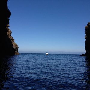 Painted Caves on Santa Cruz Islanding looking out from inside