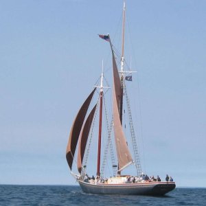 Tall ship Boseway out of Belfast Ireland sailing in the Straits of Mackinac