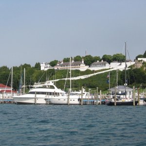 Harbor at Mackinac Island. Fort Mackinac in background