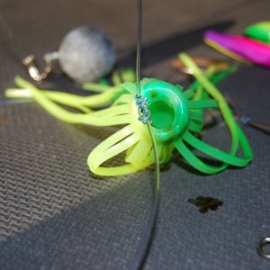 that folded over hootchie installed upside down gives a little better dangly action + a nice cavity to load up with stink