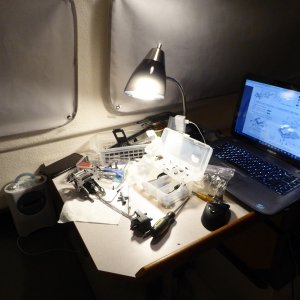 Sunday evening enjoying 3 hobbies at once - Seahawks on the radio, on the boat, while re-building a vintage RC car from the 1980s