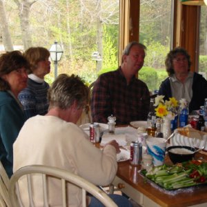 Valerie, Carol, Becky, Rick and Carol chowing down while discussing the next destination.