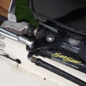 Media 'This shows the little bracket I made to attach to the main to connect the steering rod to.' in album 'Aft view of Kicker & Mini Jacker clamped in place.'
