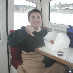 Austin, Not a Happy Camper After MOB Drill, Lopez Island, 3-23-03
