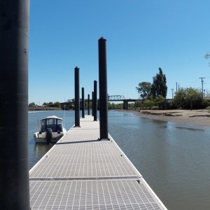 Hoquiam's new dock and boat launch with the Simpson Avenue bridge in the background.