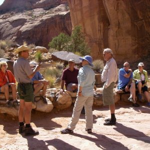 National Monument Ranger Chuck telling tales of the geologic and historical significance of Rainbow Bridge. What an enthusiastic guy.