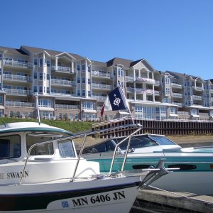 Minnie Swann in front of our Condo on the Mississippi river in Prescott,Wi.