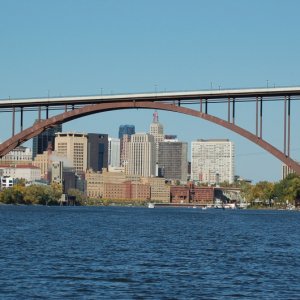 St.Paul on left decending bank of Mississippi, Harriet Island on right. Last stop for Grand Excursion 2004.