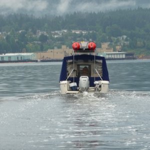 From our trip companions boat heading out Port Alberni Inlet with 50 gallons of additional fuel/water and loaded for a week out.