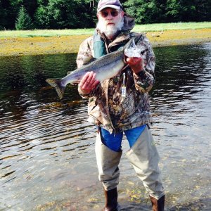Media 'Brent with one of the fish he caught at Pleasant Bay, Admiralty Island.' in album 'First night on the water.  Swanson Harbor wilderness dock.'