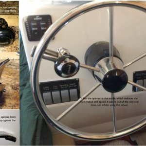 An inexpensive spinner for under $20.
I have one of those oval wheel tubes, and did not want to spend an arm and a leg for a spinner. Here's how it was done with a spinner made for automobiles. The spinner is out of the way, and has improved docking immeasurably.