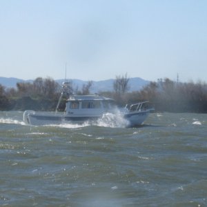 Steve (sea spray)  duking it out in the San Jaquin river in 25 plus and 3 footers following a ship.  Dusty afternoon.  photo from Kerri On