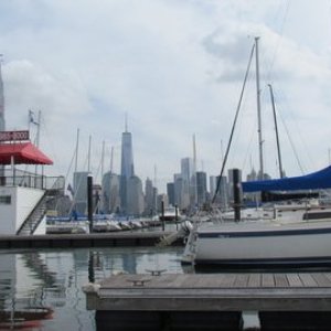 Liberty Landing Marina daytime look at the fuel dock and NYC Skyline