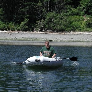 Pat in Dinghy - Matia Island - 6-28-03