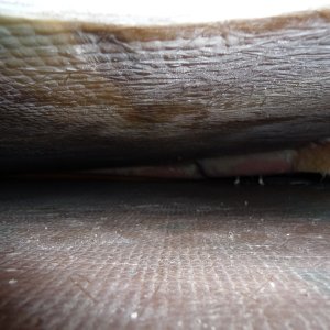 4. Looking directly back to transom. 1 1/2" x 1 1/2" cedar stiff arm or beam on right hand side of picture. Beam glassed on both sides, but not on bottom. 1/2" air space under beam.