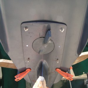 Media '1/8 inch pilot holes are drilled first from underside, then 1/4 inch holes.' in album 'Clamped on each side, drilling holes, notice bag over prop spindle to avoid shavings.'