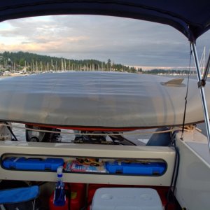 Kayak on board for the night. Now time to put up the side curtains.