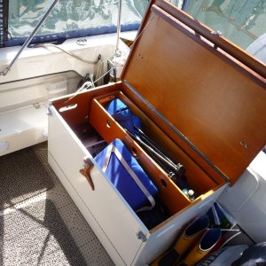 Media '4. Cockpit Storage Box' in album '1. Cockpit Storage Box. We like to cruise the British Columbia Coast for a month at a time in the summer. With shorter trips throught the year. This box helps to keep our clutter of gear and stuff a little more tolerable, also secure when we leave the boat.'