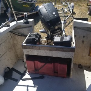 A little sad when I first found it but shes all spruced up now, see the repower photos. (This old 2 stroke still ran perfect) fished it just like this for a year :)