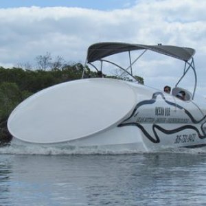 A glass bottomed tour boat from John Pennekamp State Park Key Largo. it looks like it got whacked with a hot frying pan