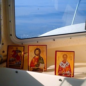 My life insurance aboard Fresh Fish! This is how we Orthodox Christians roll.  In the center is Jesus Christ, to our left is my patron Saint: St. Dimitrios, and to the right is our patron Saint of mariners: St. Nikolaos.