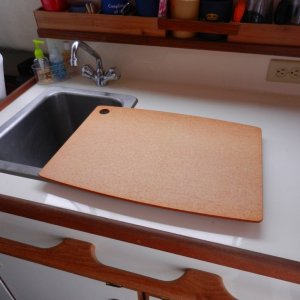 Cutting board on counter - fits into cleats to hold in place