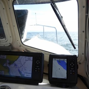 Anchored on the inside of the bar at Comox waiting for waves to die down