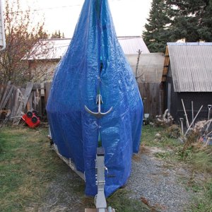 Blue tarp on the frame.