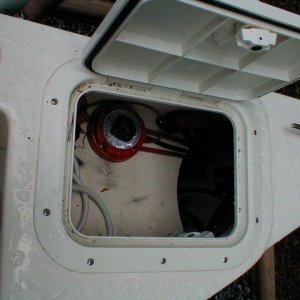 Battery selection and electrical connections in the starboard lazarrette.