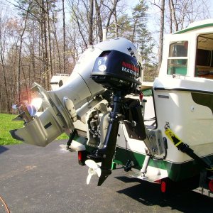 Kicker full up, tilted in its second position.  It can be tilted full up, but its close.  Needed the room between the main because a sharp turn would have the main striking the tiller handle on the kicker.