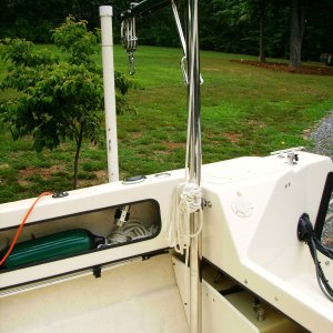 Davit installed.  I duplicated the same mount on the port side as well to give double duty to the davit.  Thanks to Dr. Bob for his advice.