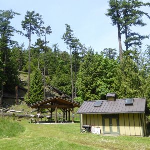 Covered picnic area and a utility shed at Jones island
