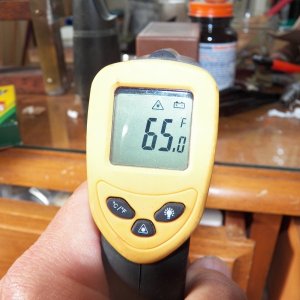 It is about 65 degrees in my shop.