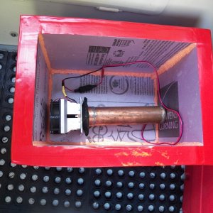 Media 'When not in use, the TEC unit fits inside, a foam plug is put in the TEC hole, and the entire box fits under the splash well.' in album 'This is a thermo-electric chip (TEC) with an air cooled copper heat sink salvaged from a computer on top and a length of 1.5" copper pipe filled with antifreeze on the bottom.  It is stuck together with thermal epoxy.'