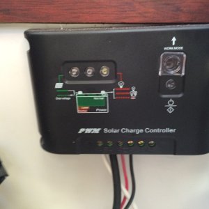 Media 'Solar controller for 100 watt solar panel that can be attached to cabin top.  I use this when no AC mains are available. It charges the battery of course.' in album 'Positive DC bus.  Fed from forward battery.'