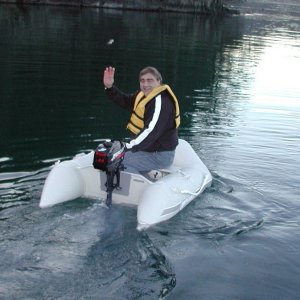 Pat in Dinghy - Stuart Island, Prevost Harbor - 2-22-04