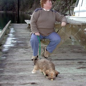 Patty and Oscar on Dock - Stuart Island, Prevost Harbor - 2-21-04
