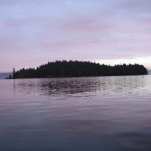 Media 'Satellite Island at Sunrise - From Stuart Island, Prevost Harbor - 2-22-04' in album 'Daydream at Sucia Dock - First Birthday Cruise - 2-14-04'
