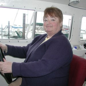 Patty at Helm - First Birthday Cruise - 2-14-04