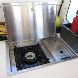 Princess butane drop-in stove, flat stainless lidded version (other version has wooden cutting board that sits on top).