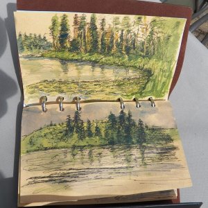 Media 'Sketches of Swan Bay and Garden Island from the log.' in album 'This is the launch by the Ozette Ranger Station.  I had heard that it was shallow and didn't have a dock, but that has changed.'