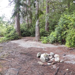 I searched around and found this camping area.  The abandoned trail head is between the two trees to the left of the fire ring.  Little did I know that this was as obvious as the trail got.